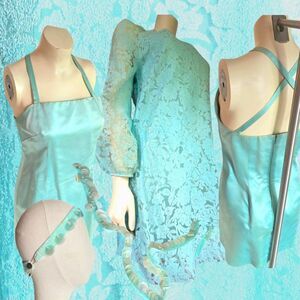 vintage light aqua blue see-through sheer dress satin under 60s 70s S/M headband
